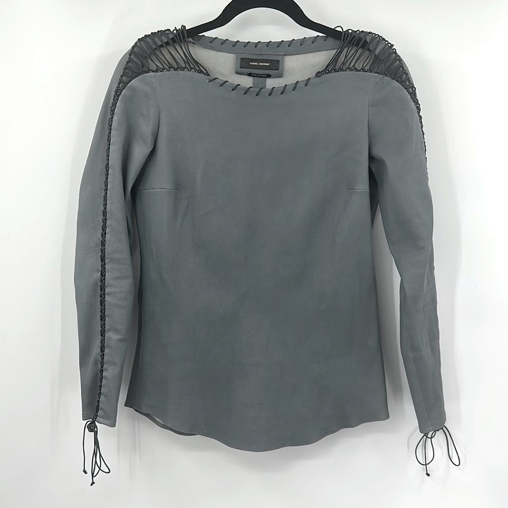 Isabel Marant Gray Leather Long-Sleeve Top with Braided Detail